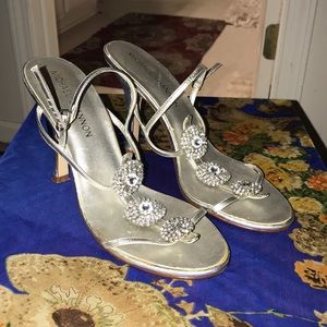 Hi heel silver strappy shoes, size 8